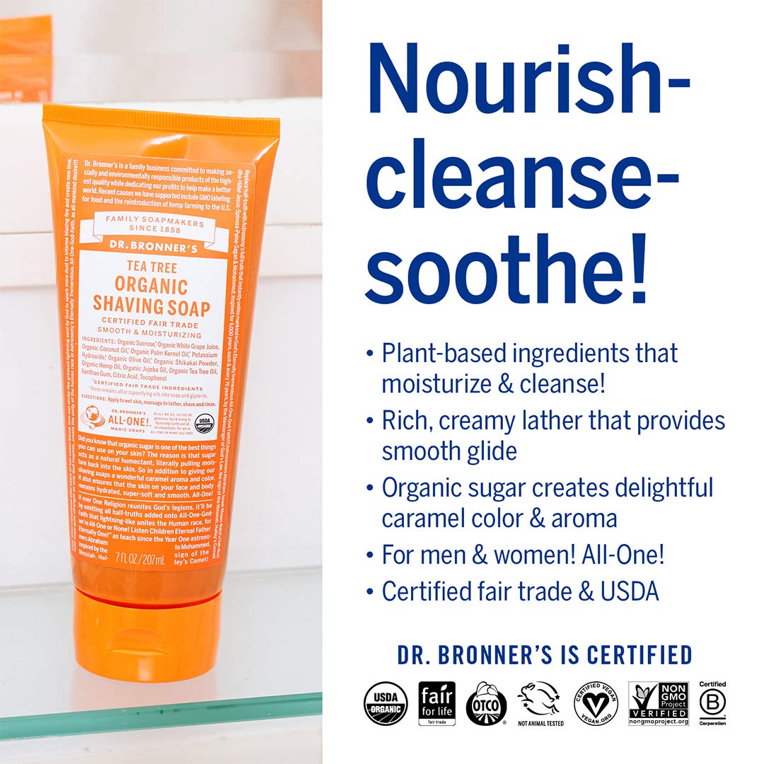 Dr. Bronner's Tea Tree Shaving Soap label closeup shows organic, fair-trade credentials