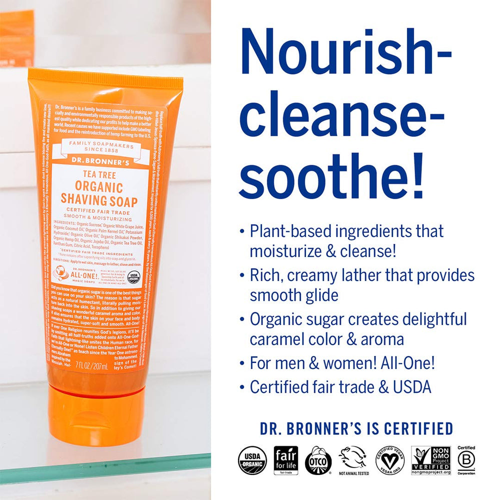 Dr. Bronner's Tea Tree Shaving Soap label closeup shows organic, fair-trade credentials