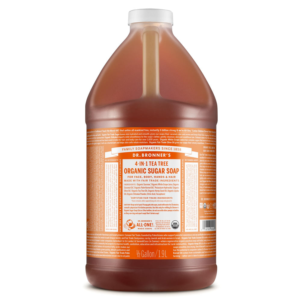 Dr. Bronner's Tea Tree Sugar Soap bottle shows organic oils for gentle cleansing