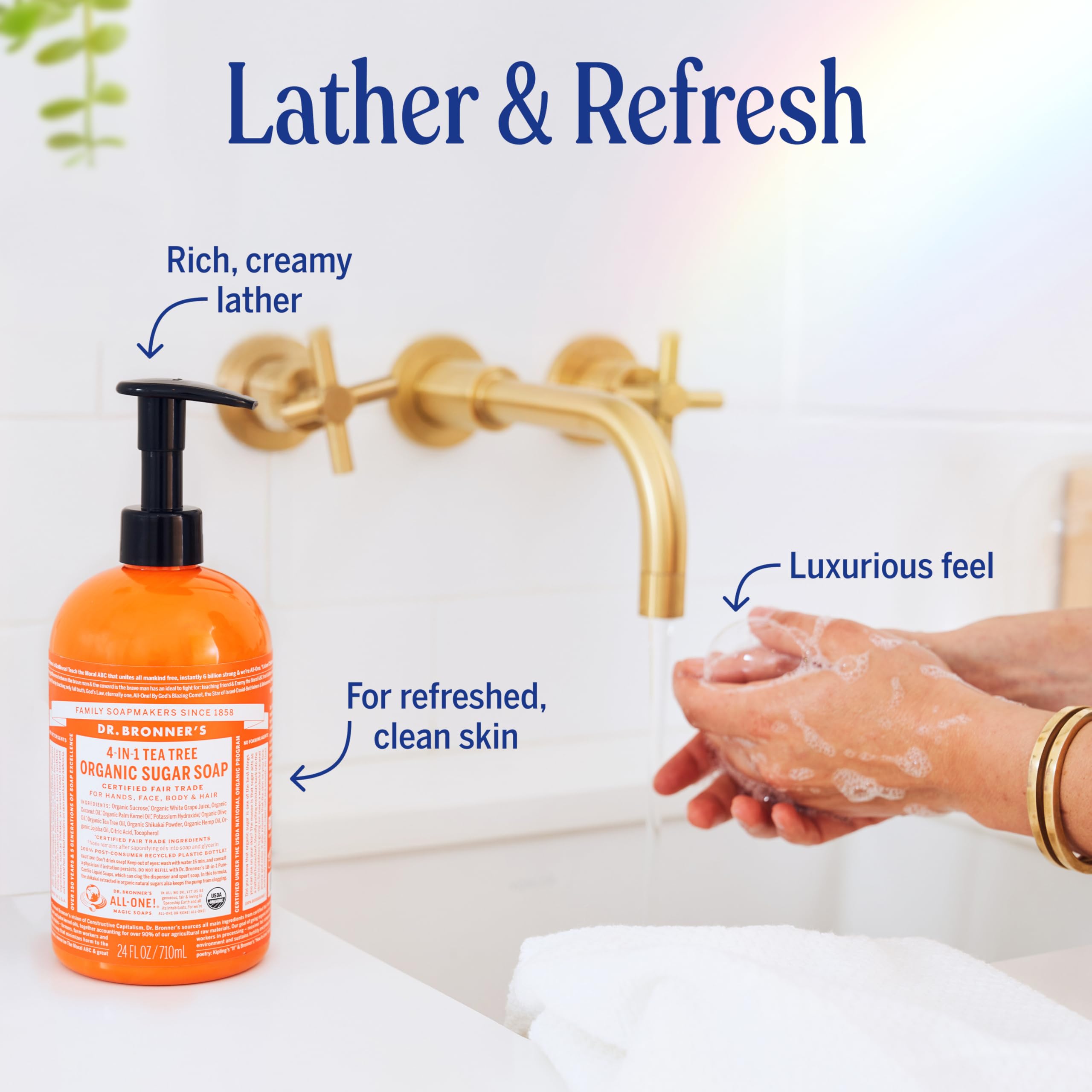 Dr. Bronner's Tea Tree Sugar Soap for hair, cleanses and refreshes