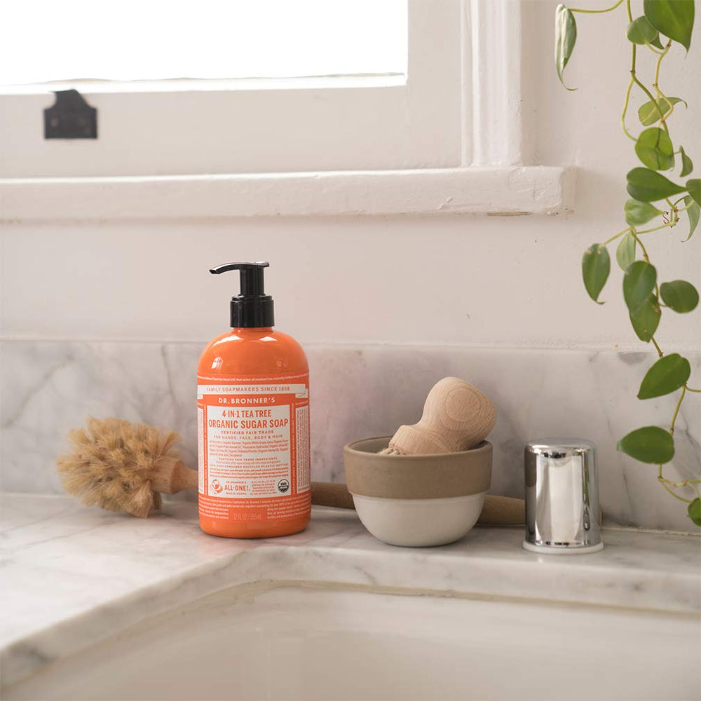 Dr. Bronner's Tea Tree Sugar Soap for hands, refreshing cleanse