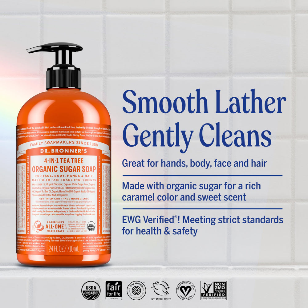 Dr. Bronner's Tea Tree Sugar Soap lather highlighting creamy castile texture