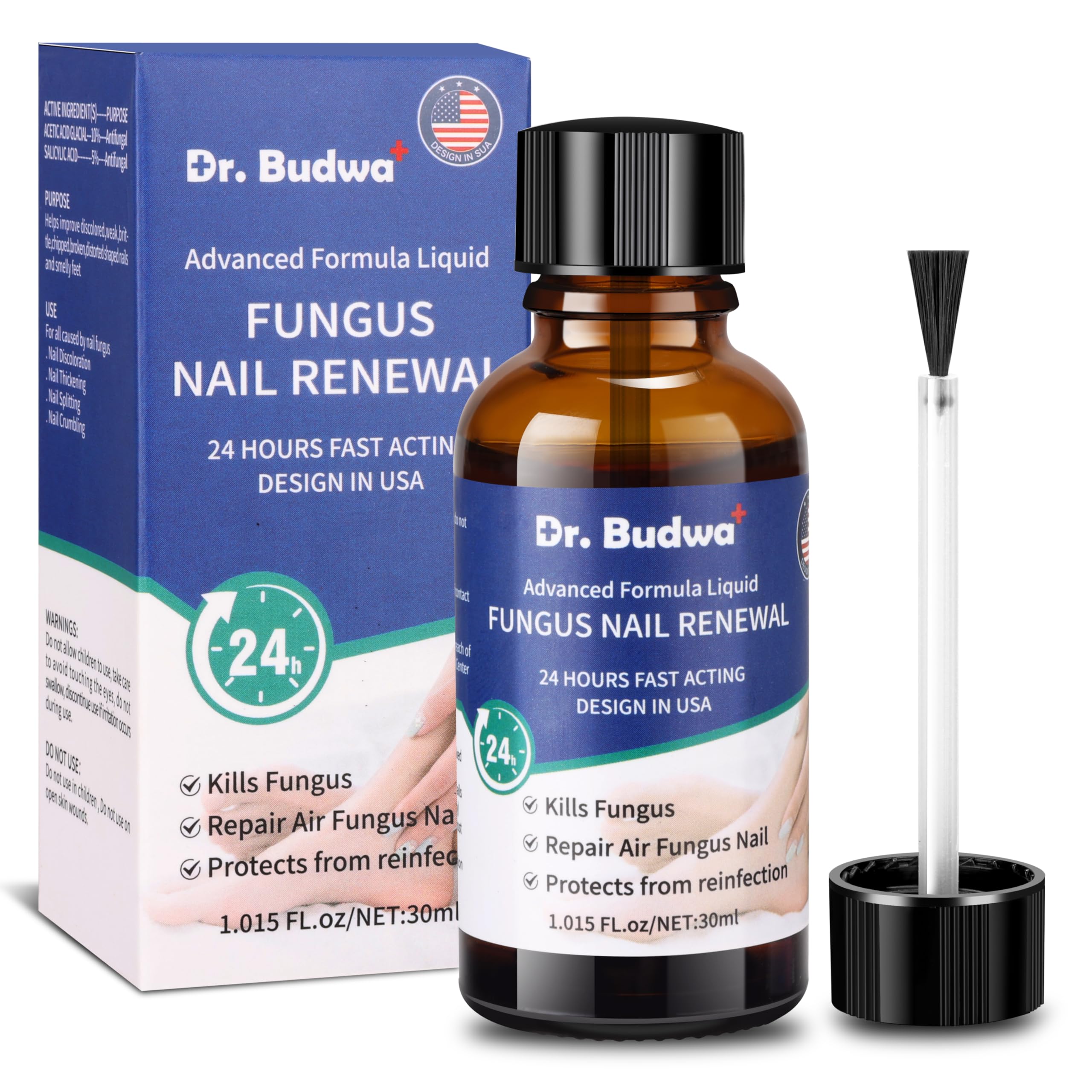 Dr. Budwa Toenail Fungus Treatment bottle with precision brush for targeted nail care.