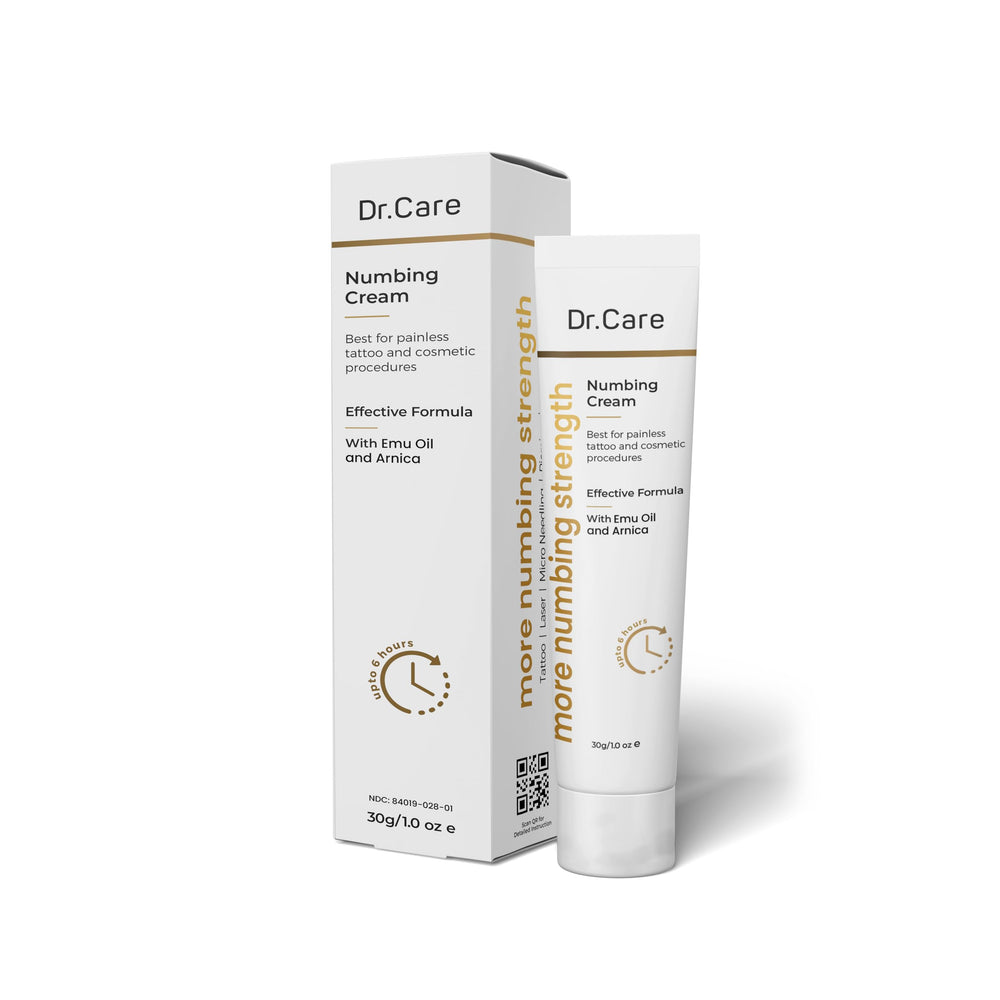 Dr Care Numbing Cream jar close-up shows smooth texture for easy pre-procedure application.