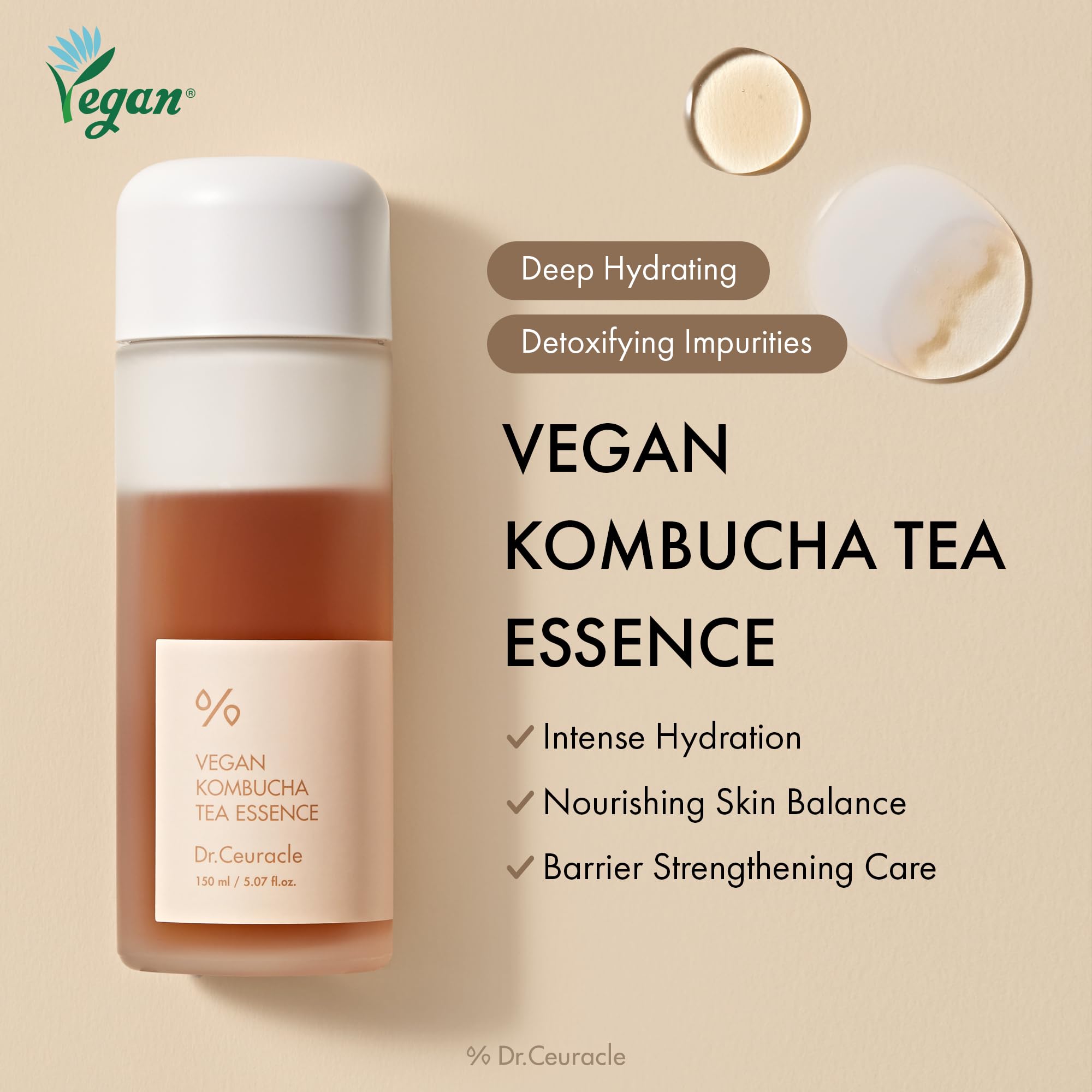 Dr.Ceuracle Vegan Kombucha Tea Essence ingredients close-up highlights kombucha, centella, and ceramide.