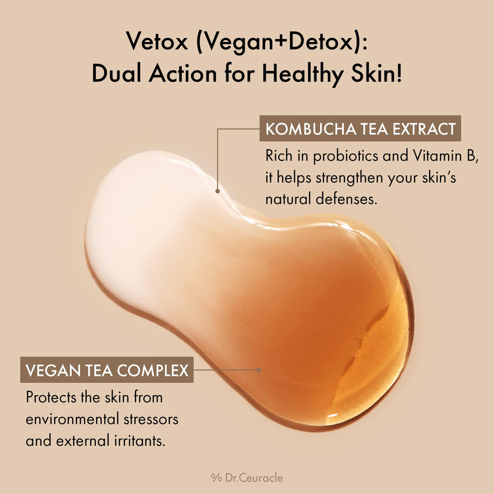 Dr.Ceuracle Vegan Kombucha Tea Essence label close-up emphasizes vegan formula.