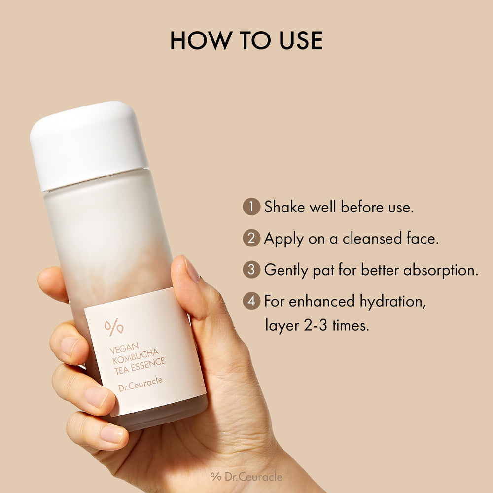 Dr.Ceuracle Vegan Kombucha Tea Essence morning routine for a refreshed glow.