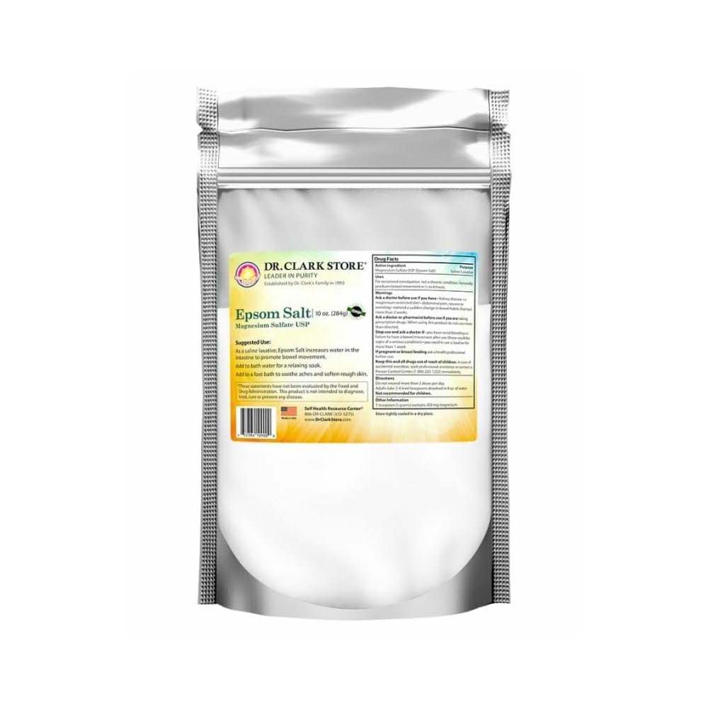 Dr. Clark Store Epsom Salt 10oz bottle on counter for convenient detox