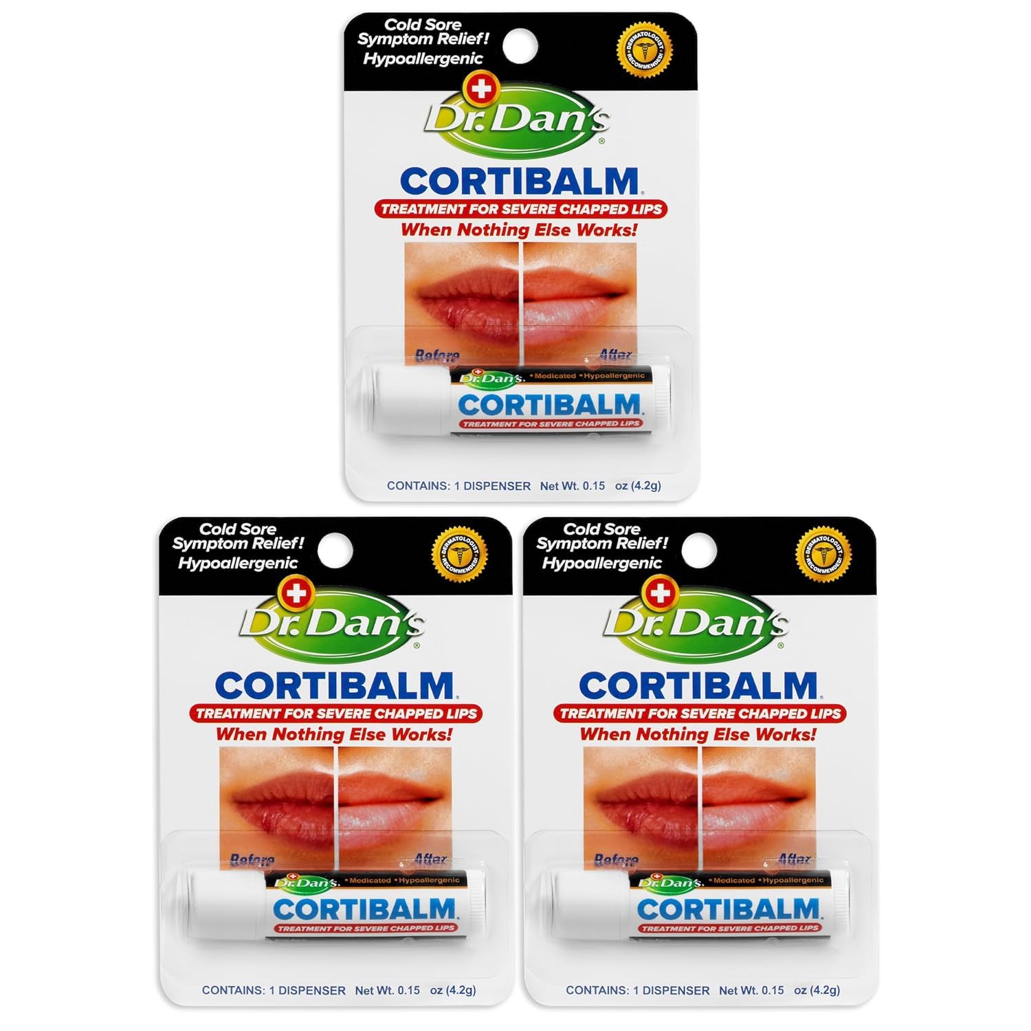 Dr. Dan's Cortibalm 3-pack packaging for on-the-go lip hydration.