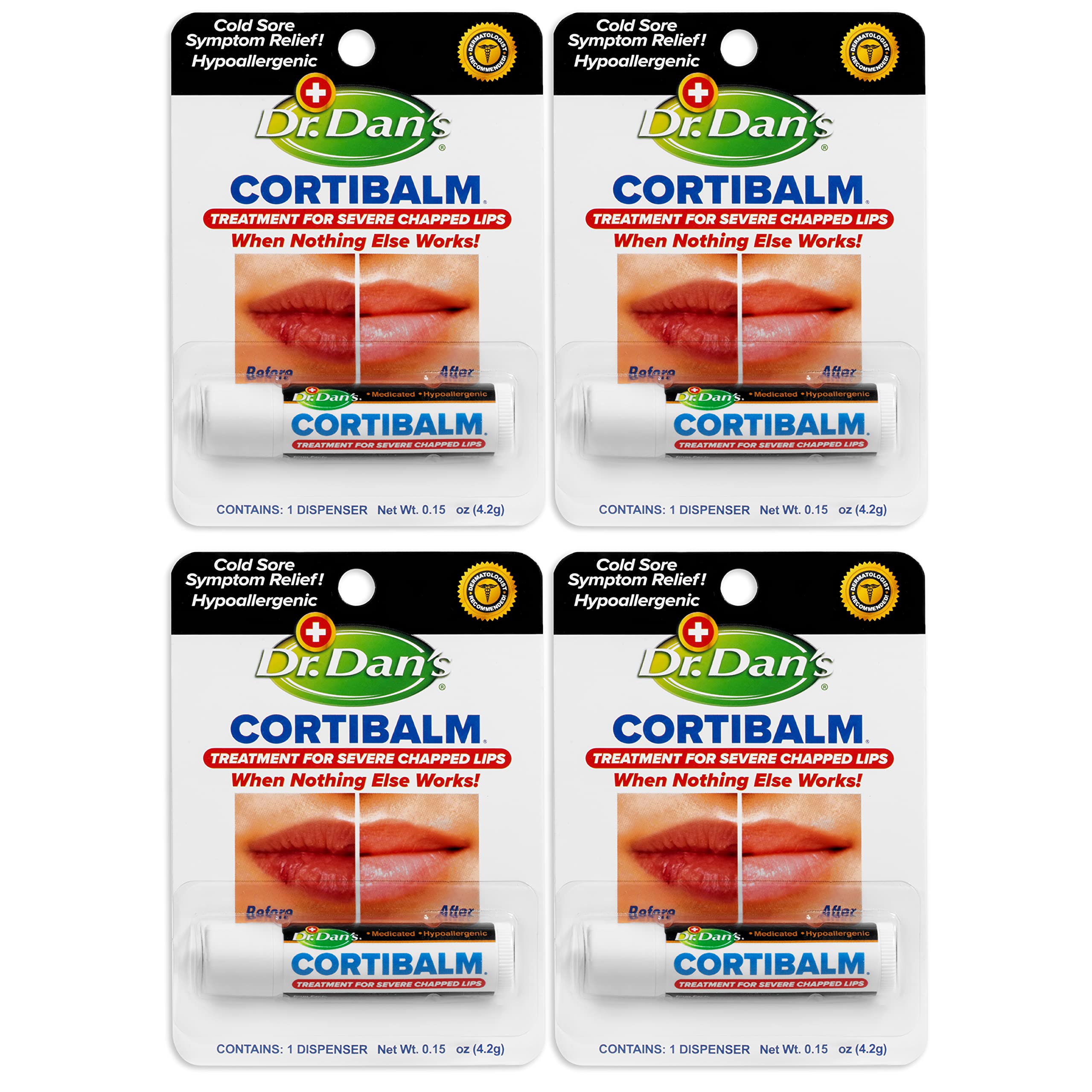 Dr. Dan's Cortibalm 4 Pack packaging on box, ideal for family lip care on the go.