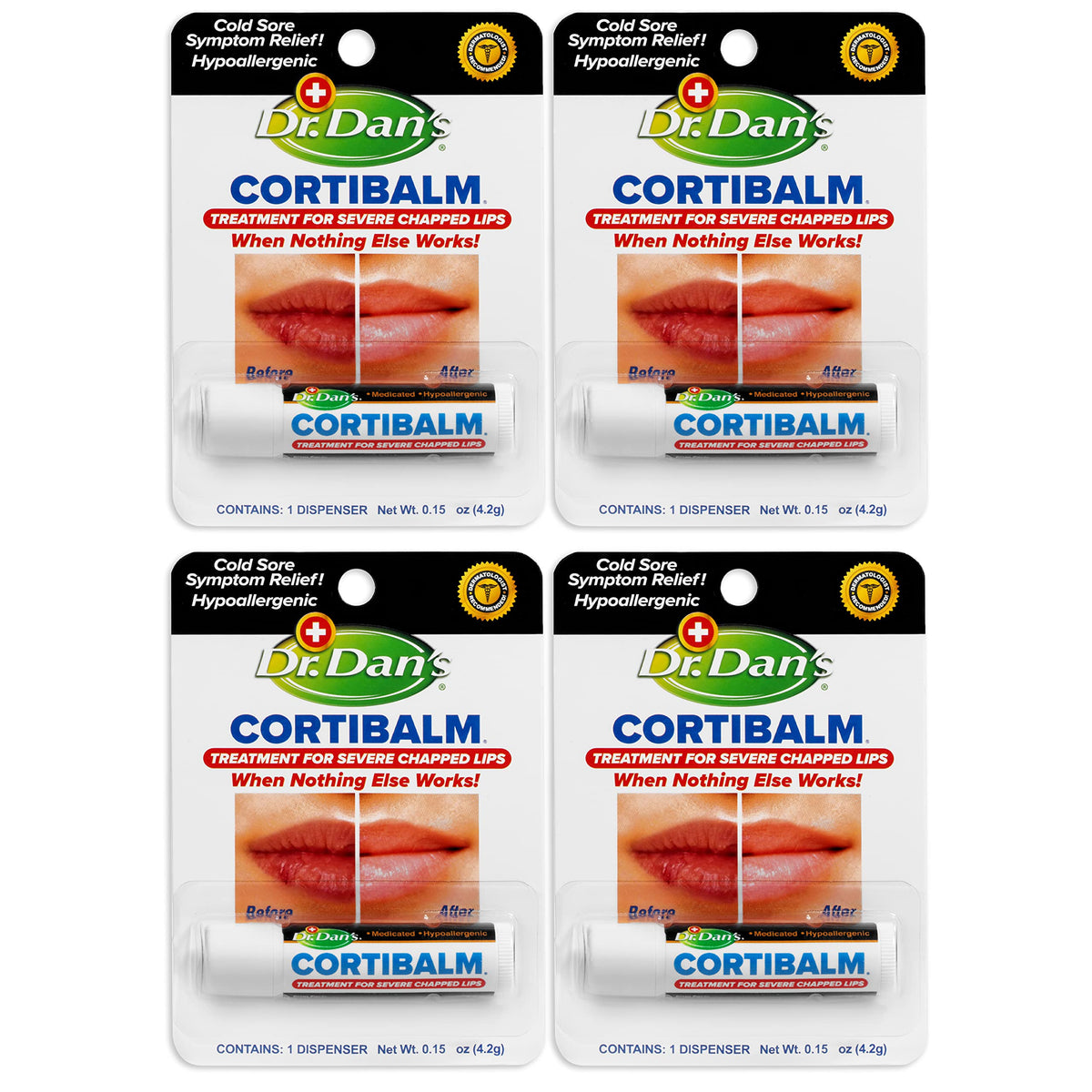 Dr. Dan's Cortibalm 4 Pack packaging on box, ideal for family lip care on the go.