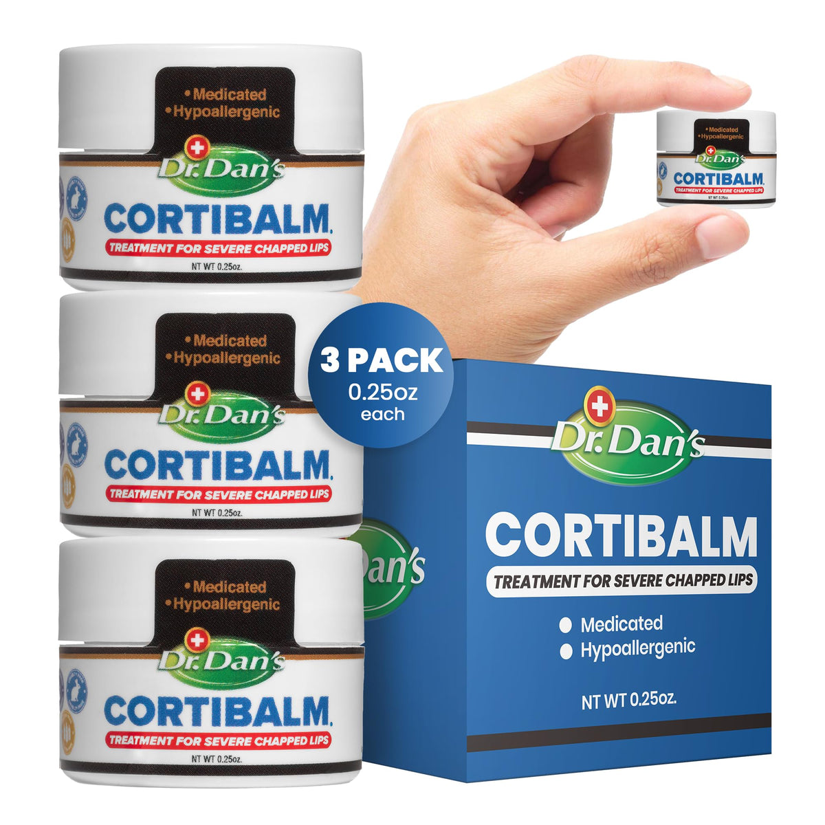 Dr. Dan's Cortibalm jar pack demonstrates a convenient multi-pack for at-home lip care and relief.