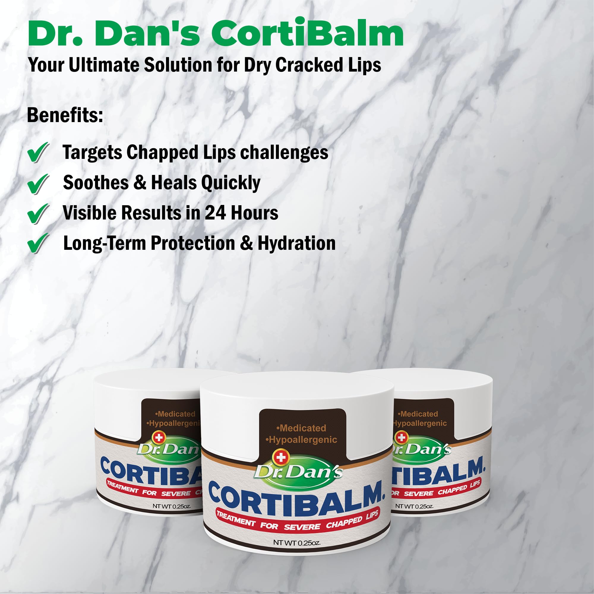 Dr. Dan's Cortibalm packaging sits ready on the counter for daily lip care.