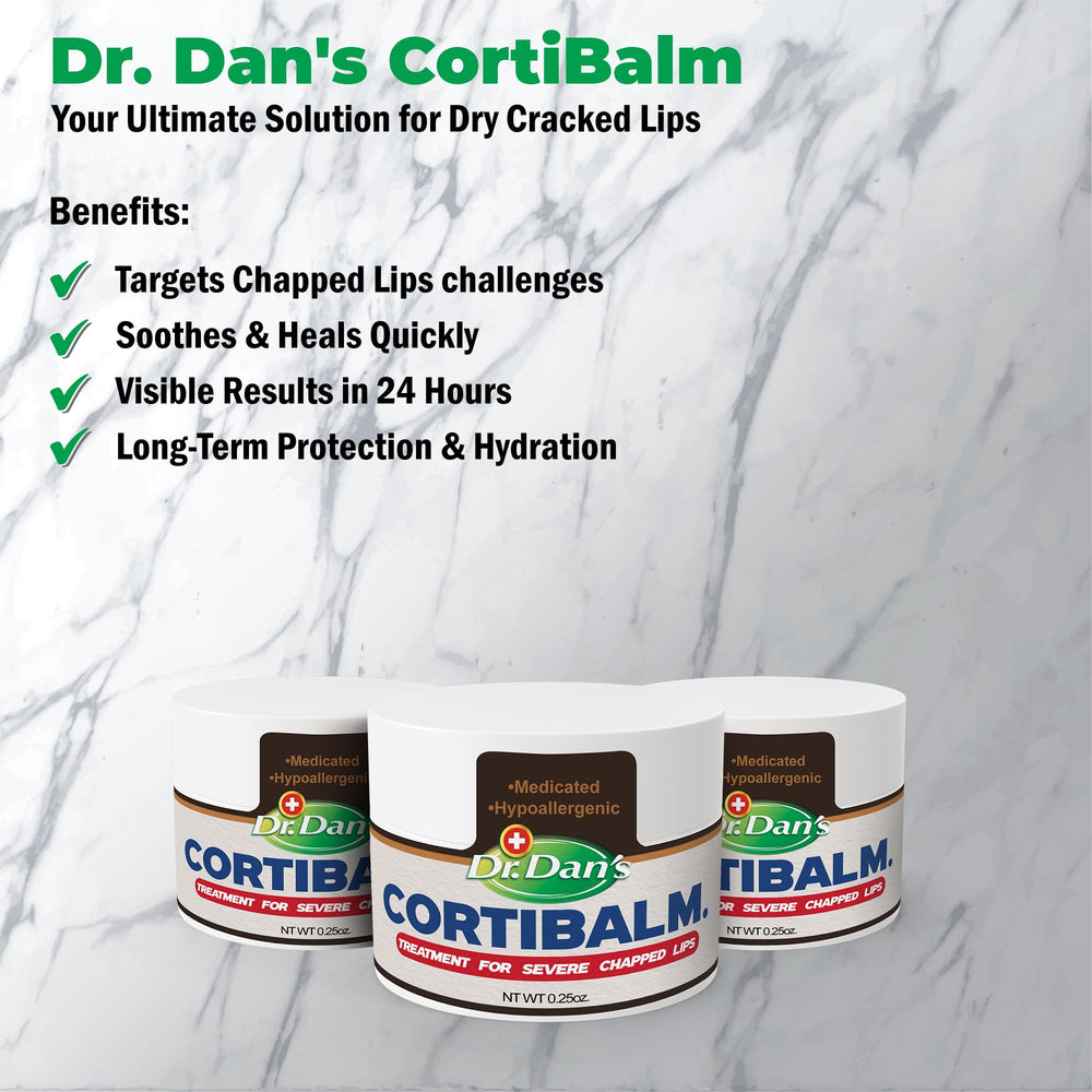 Dr. Dan's Cortibalm packaging sits ready on the counter for daily lip care.