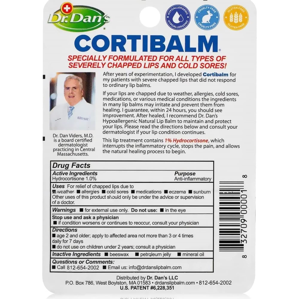 Dr. Dan's Cortibalm close-up reveals hypoallergenic lip care formula