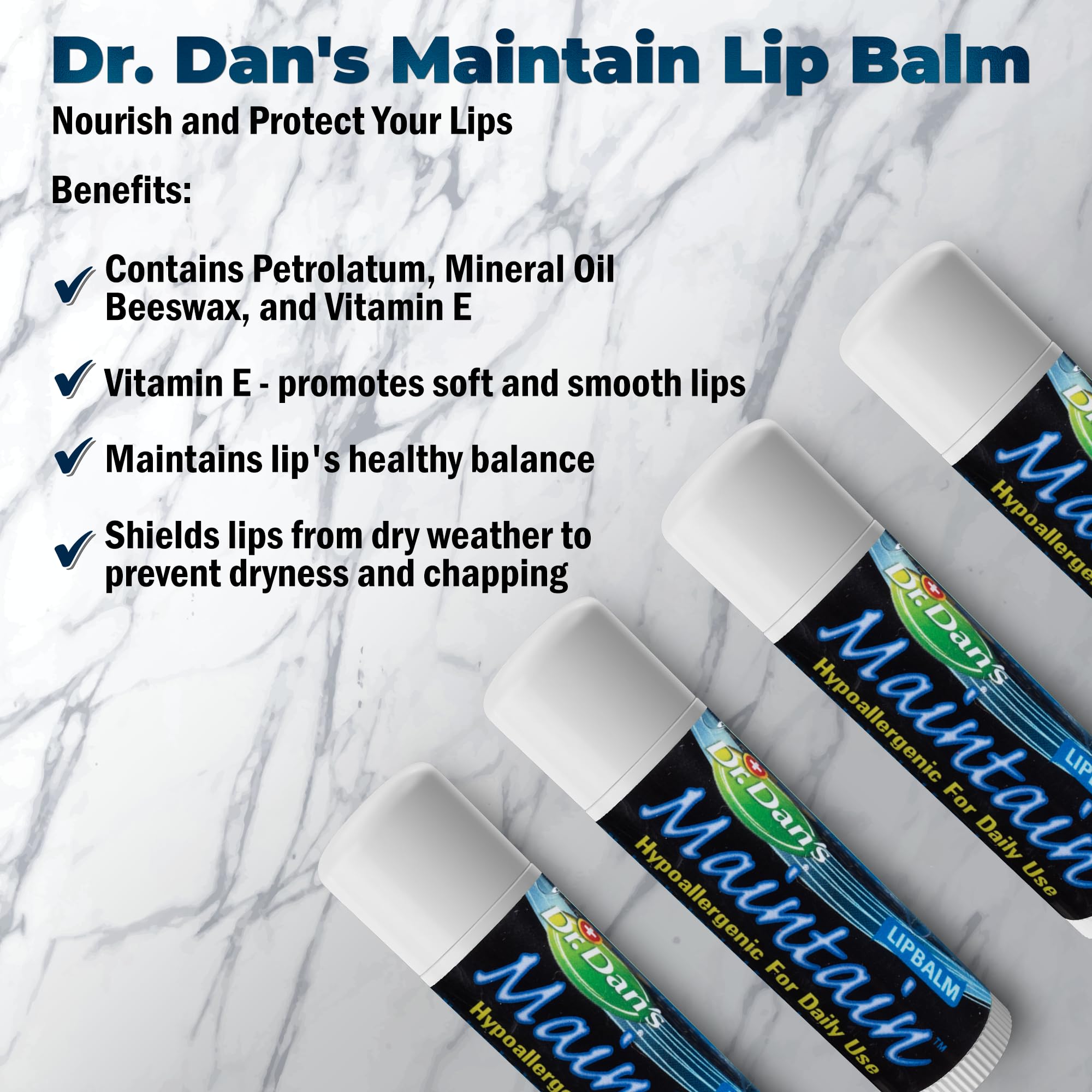 Dr. Dan's Maintain Lip Balm 3-pack package highlights value and consistent lip care.