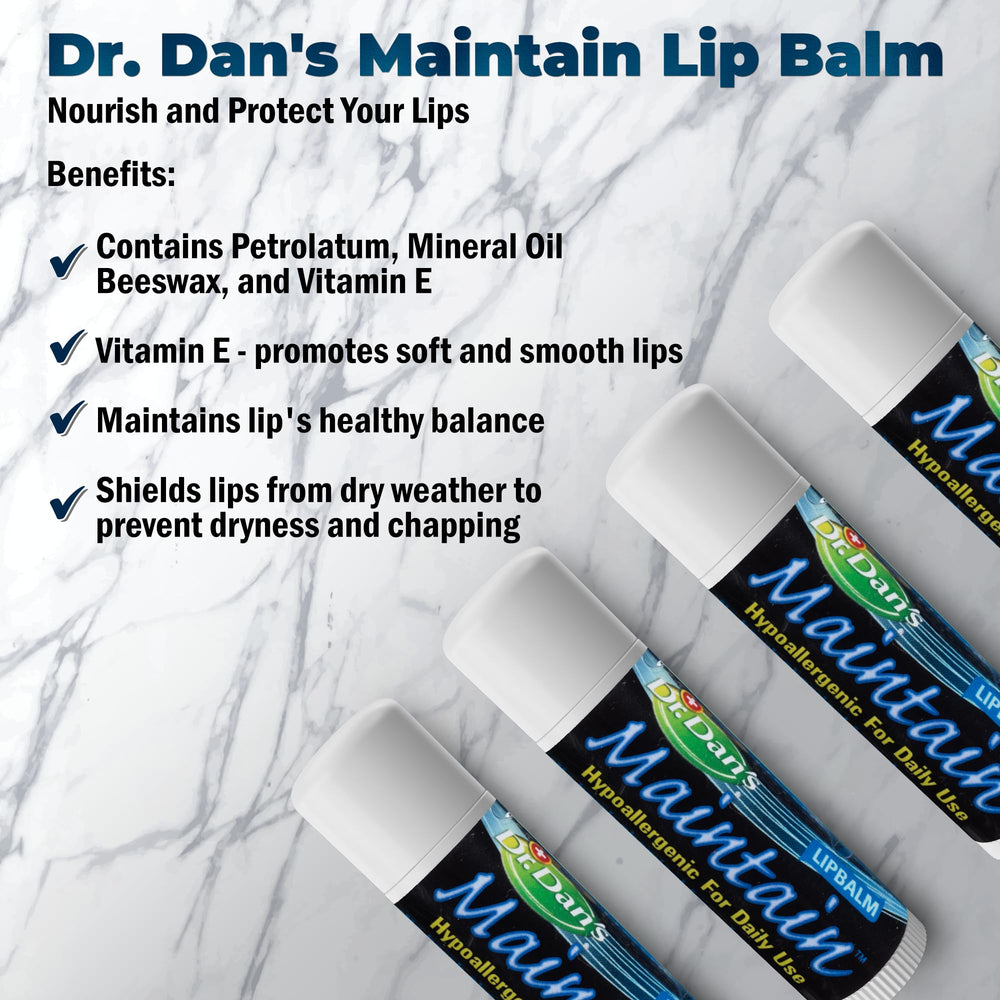 Dr. Dan's Maintain Lip Balm 3-pack package highlights value and consistent lip care.