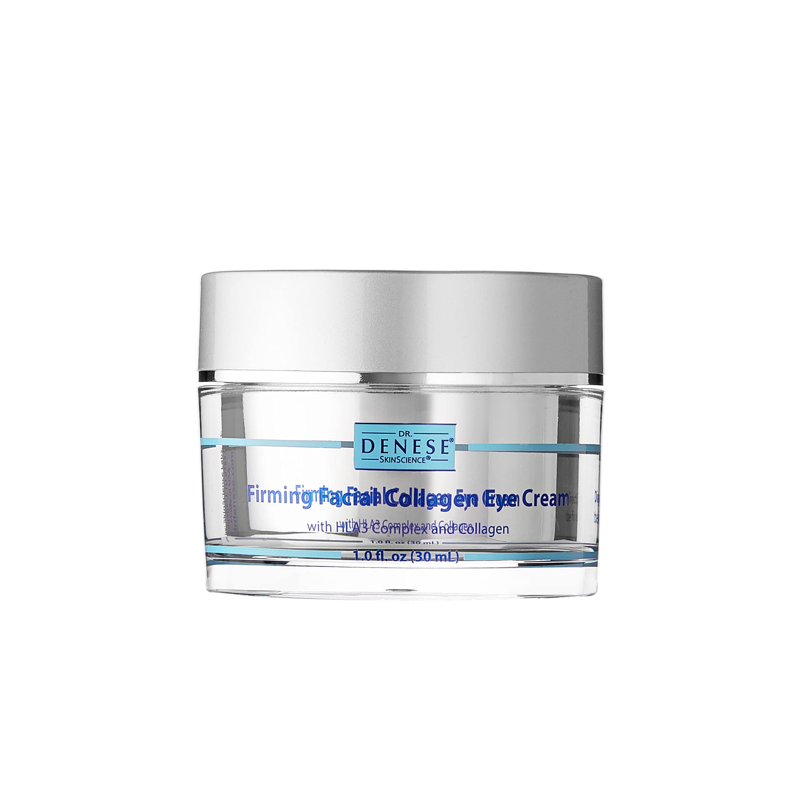 Dr. Denese SkinScience Firming Eye Cream bottle closeup supporting smoother under-eye skin.