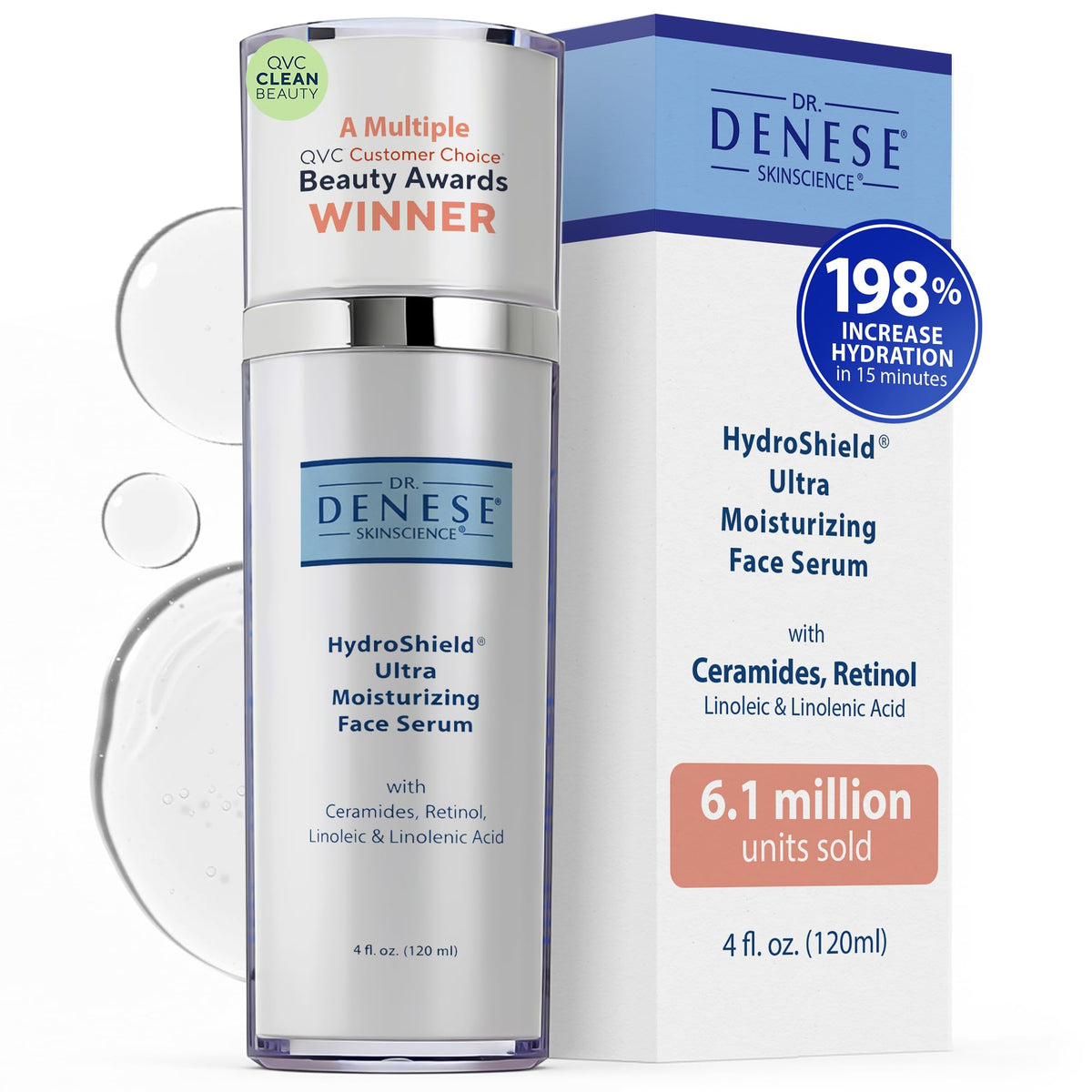 Dr. Denese SkinScience HydroShield serum bottle with pump for easy, long-lasting hydration