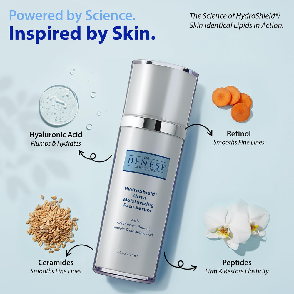 Dr. Denese SkinScience HydroShield bottle in sunlight showcasing luminous hydration