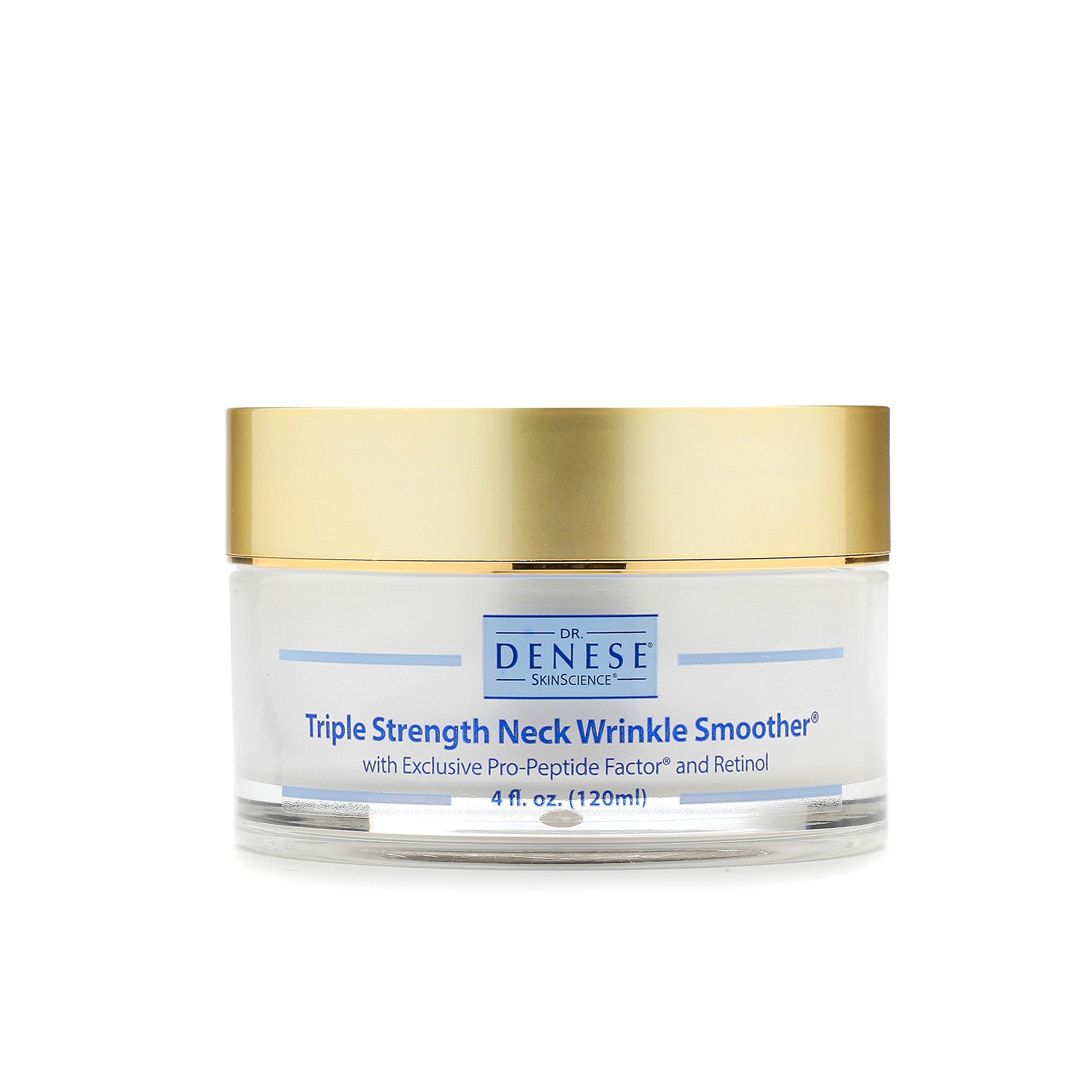 Dr. Denese triple-strength neck-wrinkle-smoother bottle shows premium packaging for firming