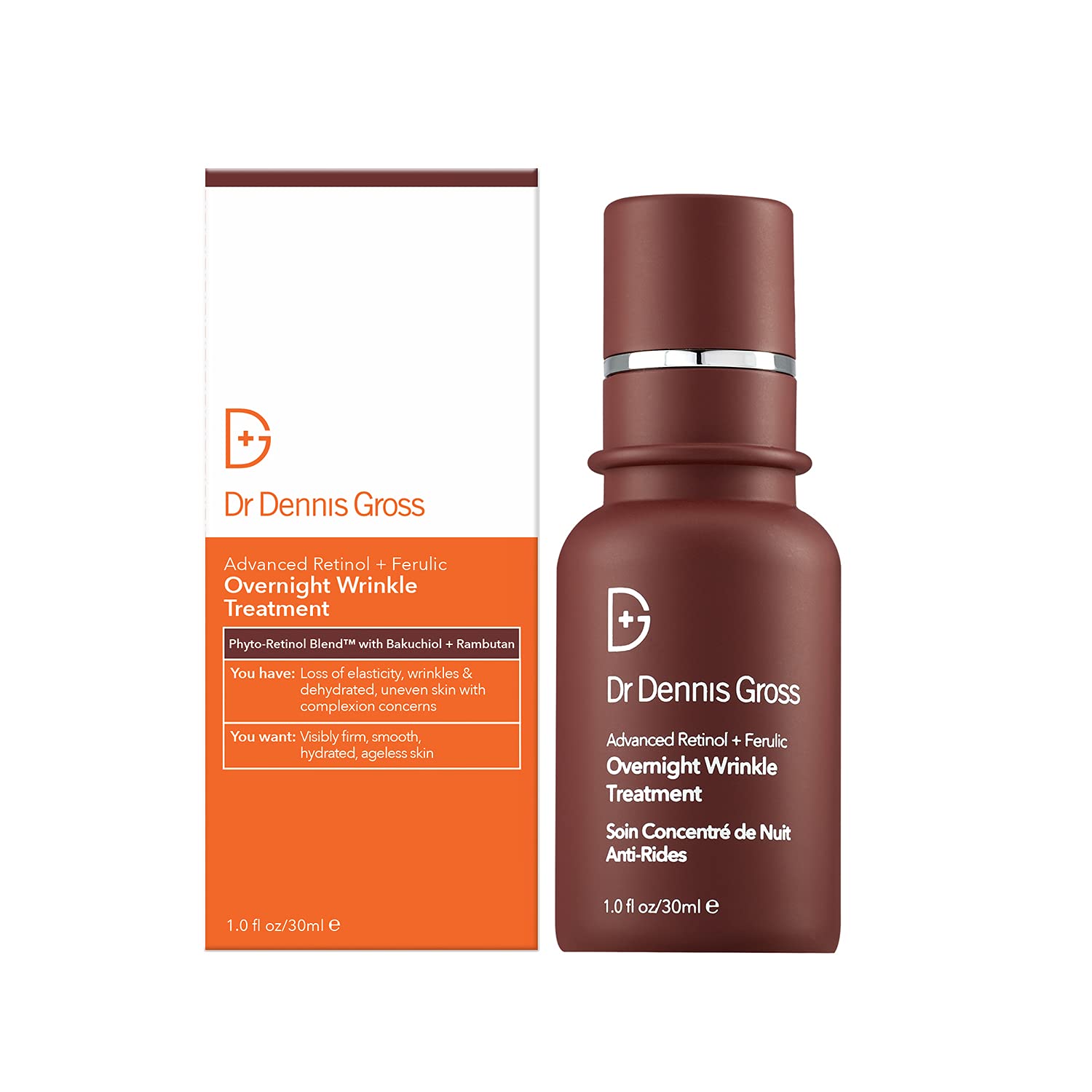Dr Dennis Gross Advanced Retinol + Ferulic bottle close-up highlighting hydrating overnight treatment.