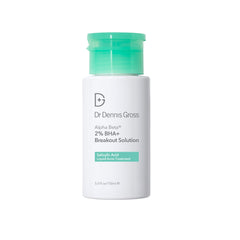Dr Dennis Gross Alpha Beta 2% BHA+ bottle closeup supports clear pores for a smoother complexion