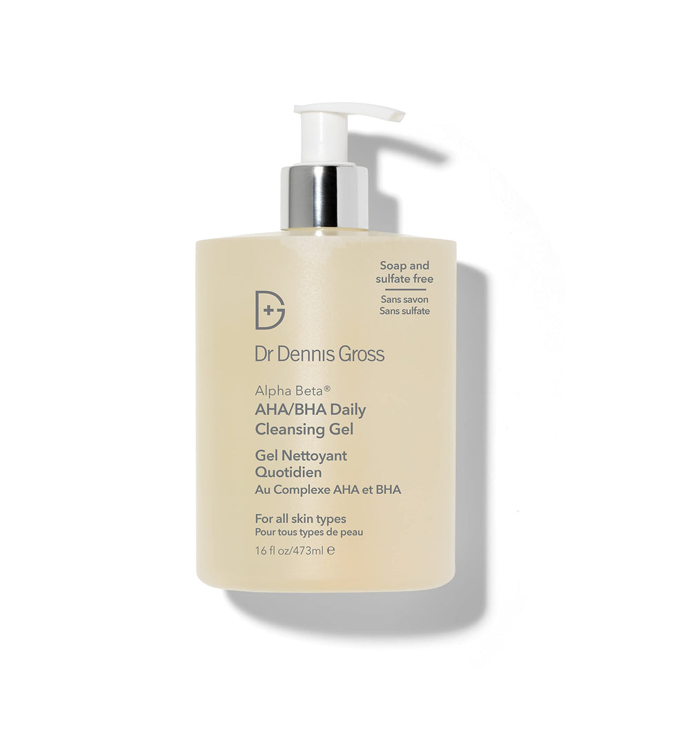 Dr Dennis Gross Alpha Beta cleansing gel bottle highlighting pore-cleaning formula for daily use.