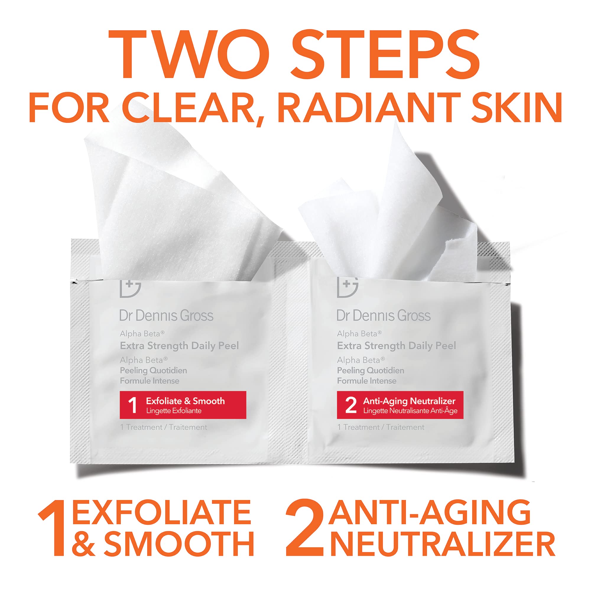 Dr Dennis Gross Alpha Beta Daily Peel packaging front highlights vegan cruelty-free formula and 5-acid blend