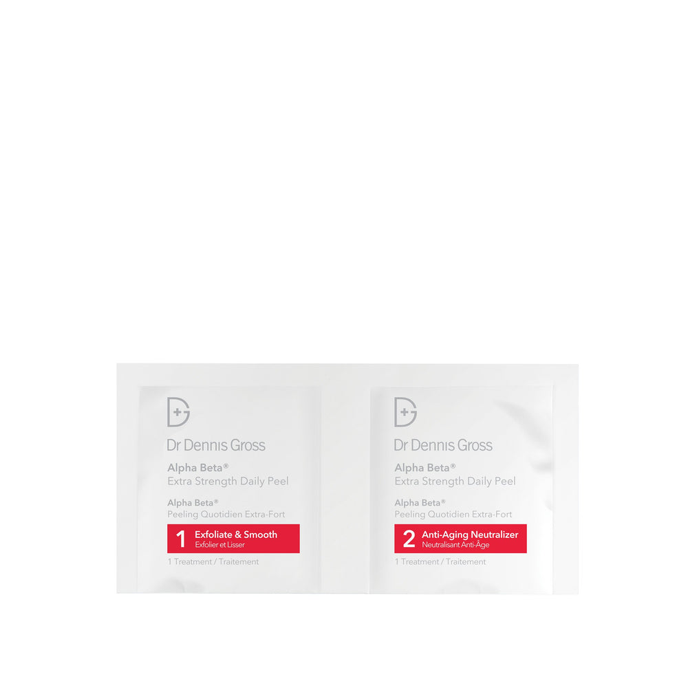 Dr Dennis Gross Alpha Beta Extra Strength Daily Peel towelettes open to reveal pre-soaked formula for quick at-home use