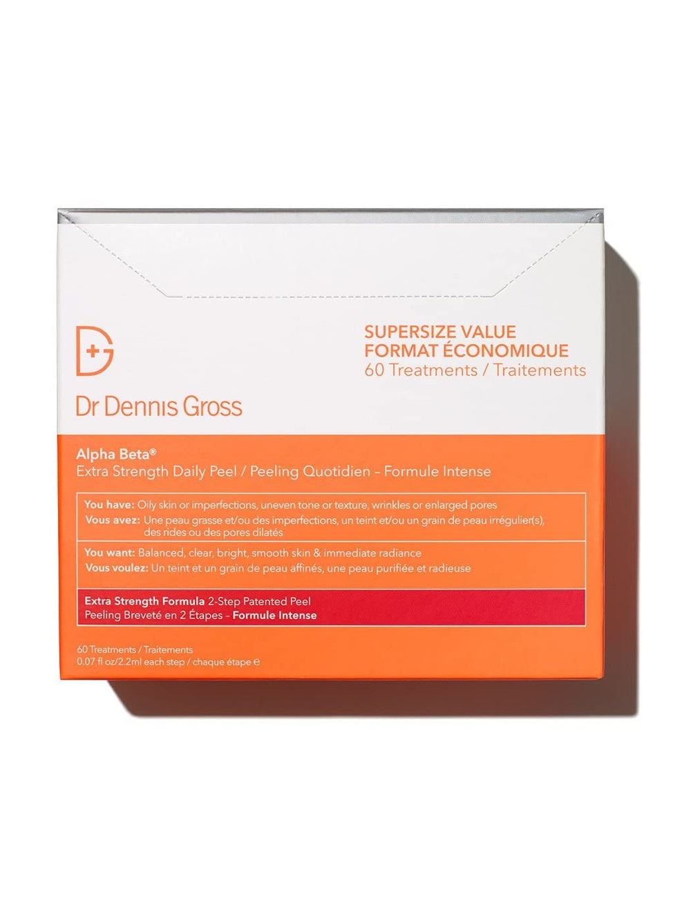 Dr Dennis Gross Alpha Beta Extra Strength Daily Peel towelettes packaging for at-home exfoliation.