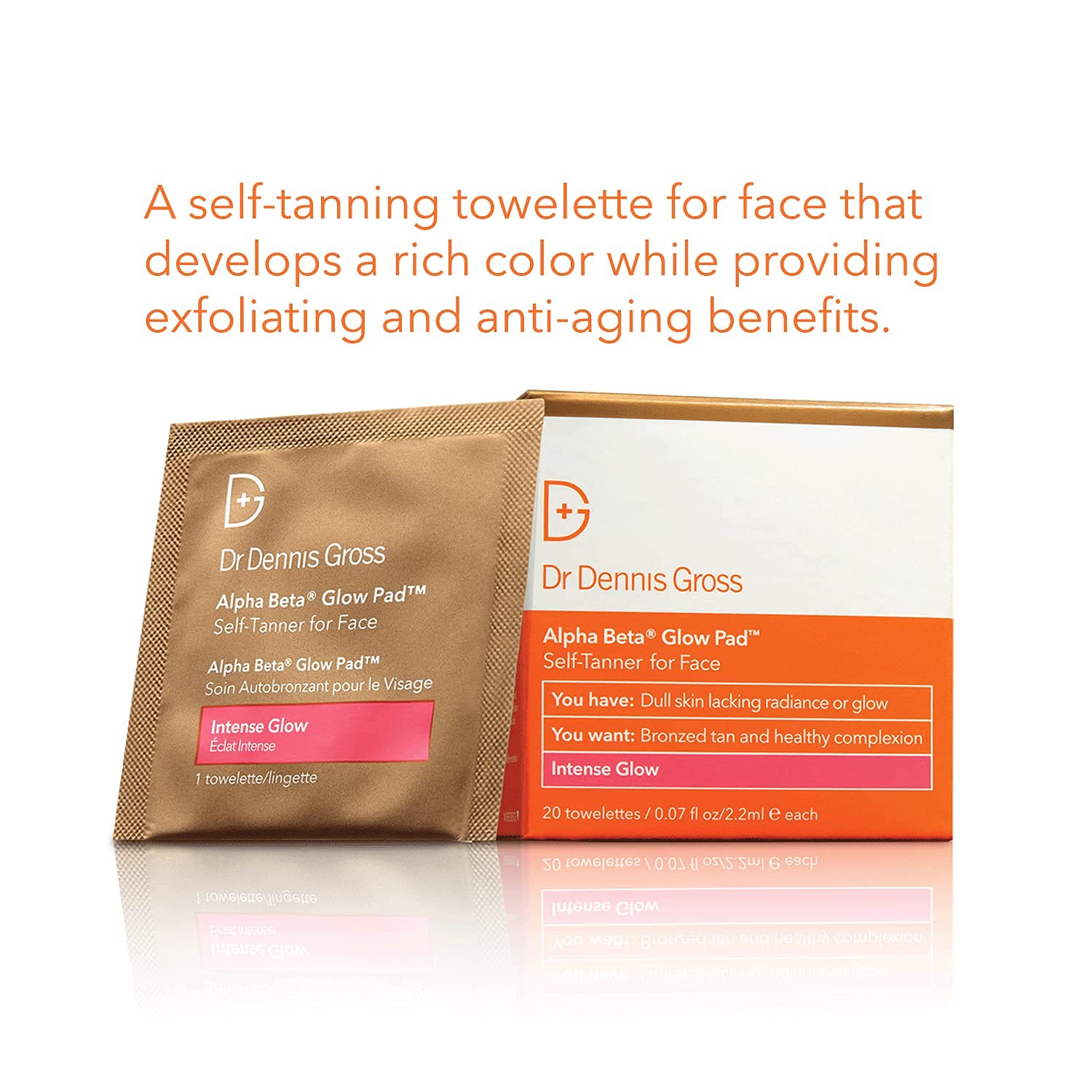Dr Dennis Gross Alpha Beta Glow Pad face towelettes applied on skin for even color.