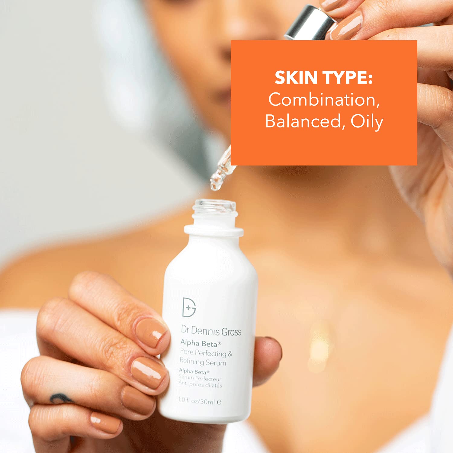 Vanity shot suggests daily routine with matte-looking finish from Alpha Beta Serum.