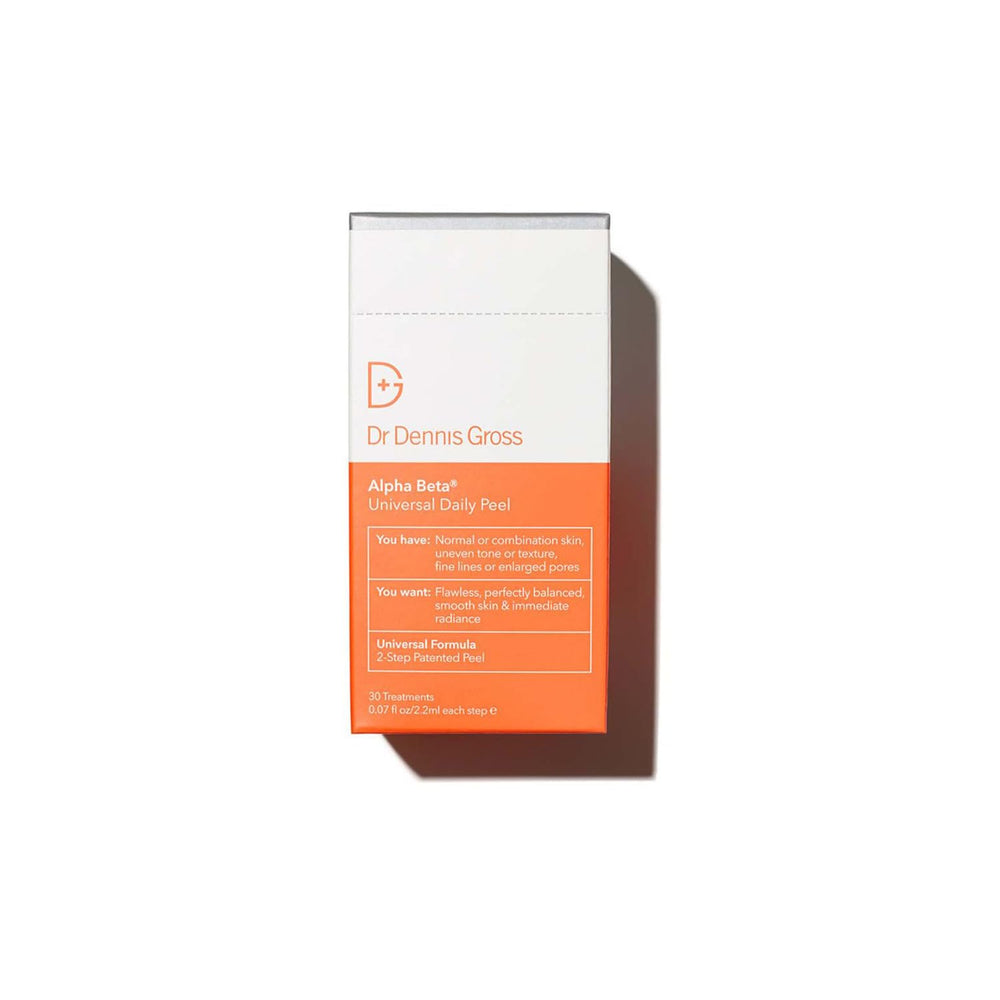 Dr Dennis Gross Alpha Beta Universal Daily Peel bottle closeup for at-home radiance and smoothing.