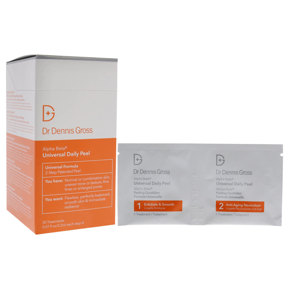 Dr Dennis Gross Alpha Beta Universal Daily Peel bottle displayed for at-home exfoliation routine.