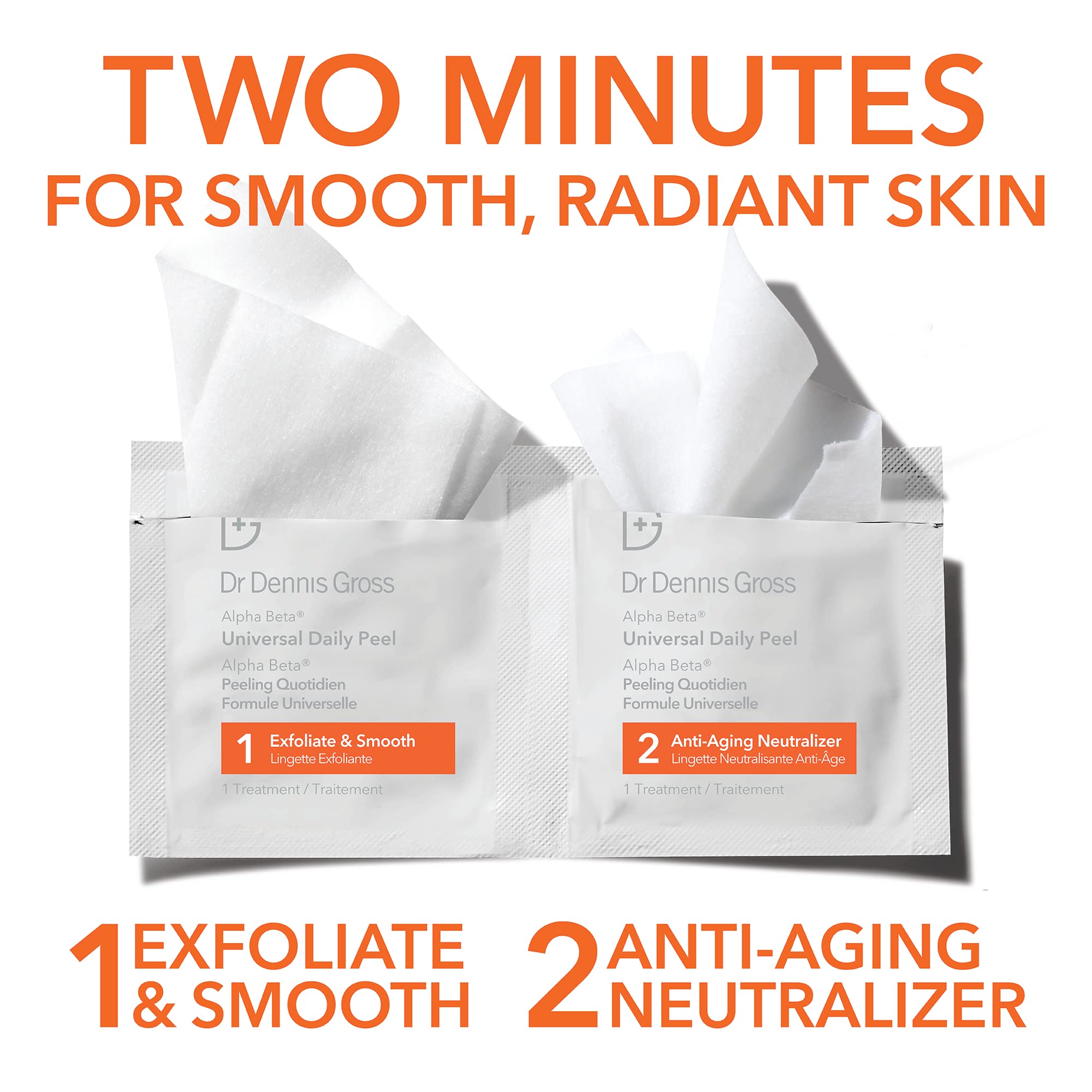 Dr Dennis Gross Alpha Beta Universal Daily Peel packaging front highlights universal formula for all skin types.