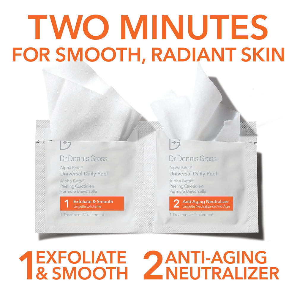 Dr Dennis Gross Alpha Beta Universal Daily Peel packaging front highlights universal formula for all skin types.