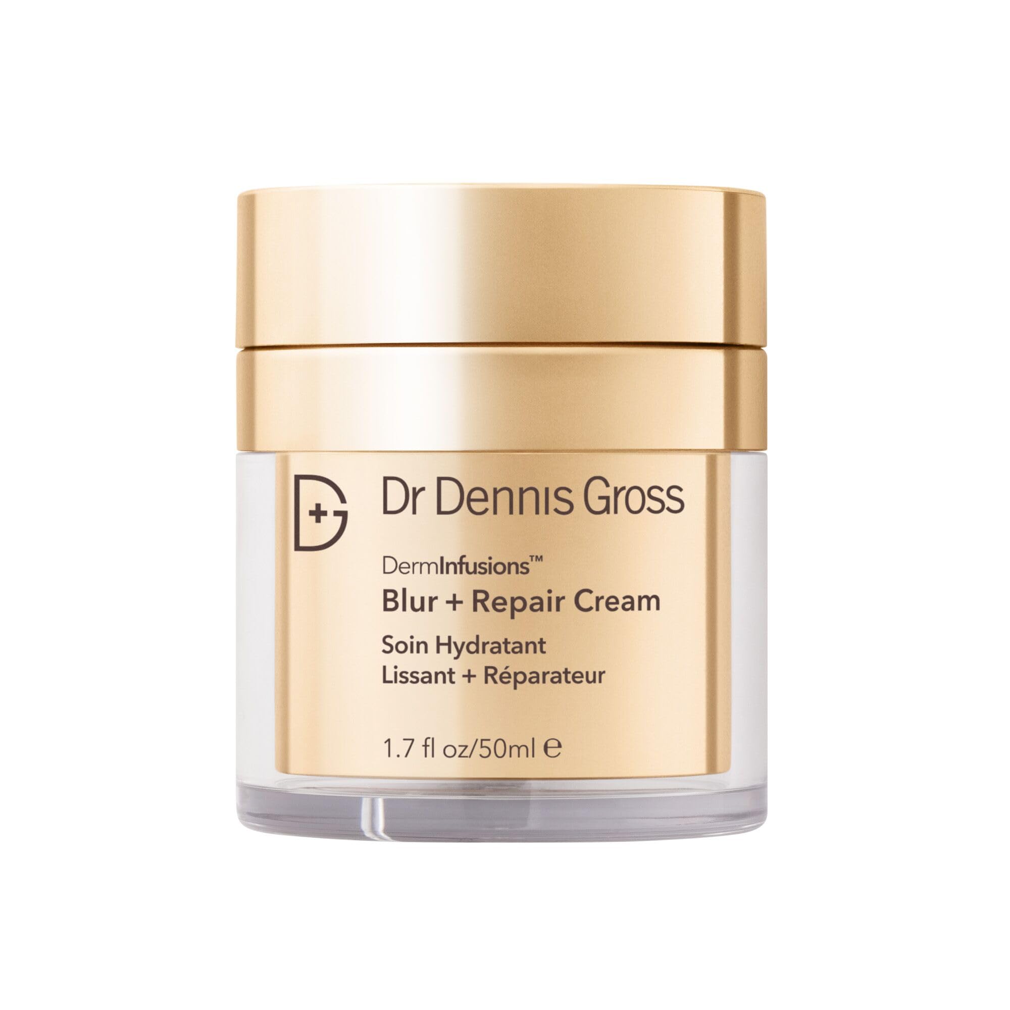Dr Dennis Gross DermInfusions Blur + Repair Cream bottle highlighting hydration and smoothing.