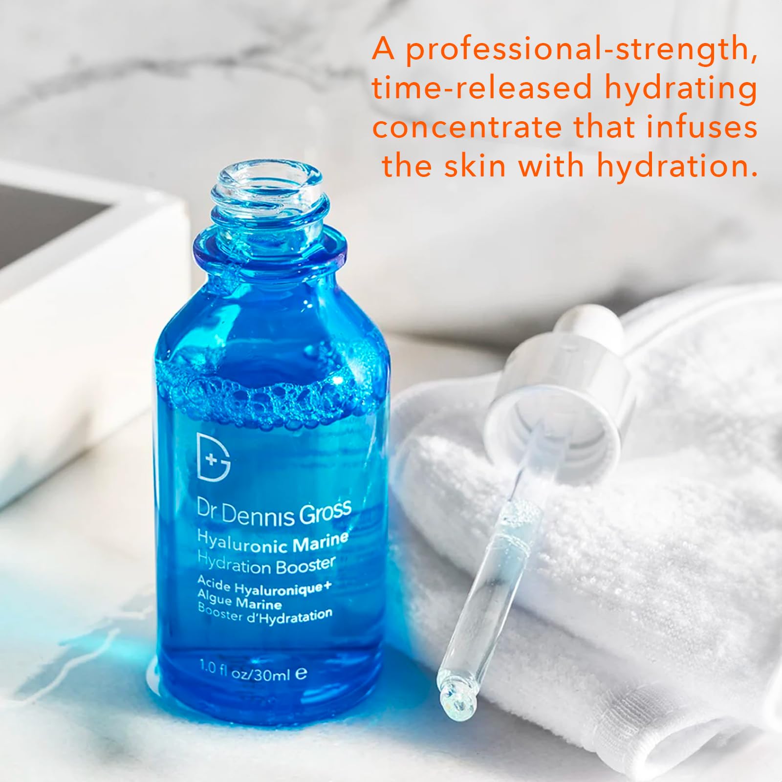 Dr Dennis Gross Hyaluronic Marine Hydration Booster application tips illustrate easy daily ritual