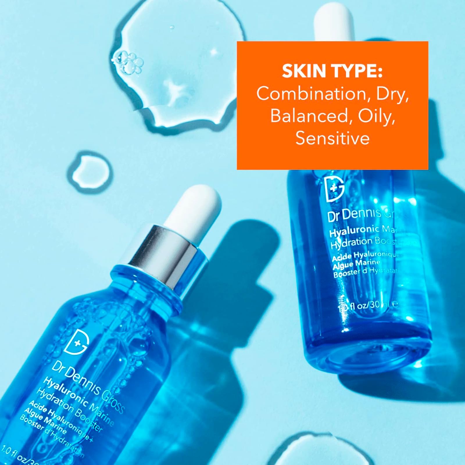Dr Dennis Gross Hyaluronic Marine Hydration Booster packaging communicates vegan, cruelty-free promise