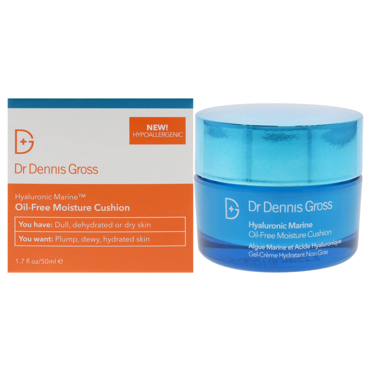 Dr Dennis Gross Hyaluronic Marine Moisture Cushion jar closeup showing dewy oil-free hydration.