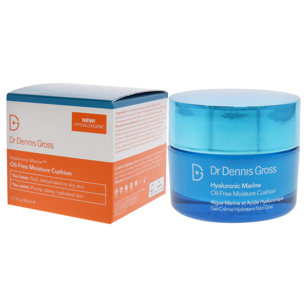 Dr Dennis Gross Hyaluronic Marine Moisture Cushion packaging emphasizes unisex design.