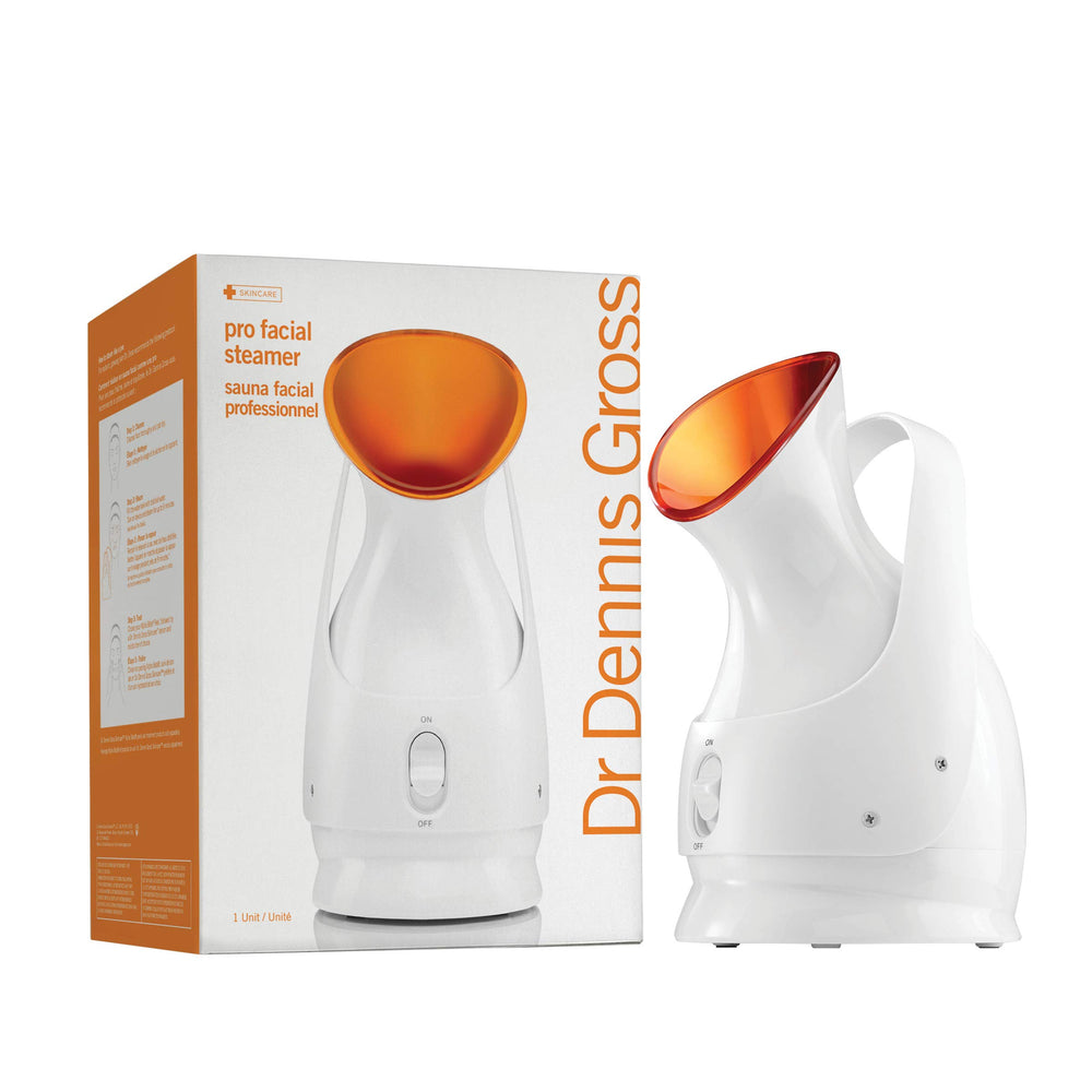 Dr Dennis Gross Pro Facial Steamer demonstrates micro-steam coverage for even hydration.