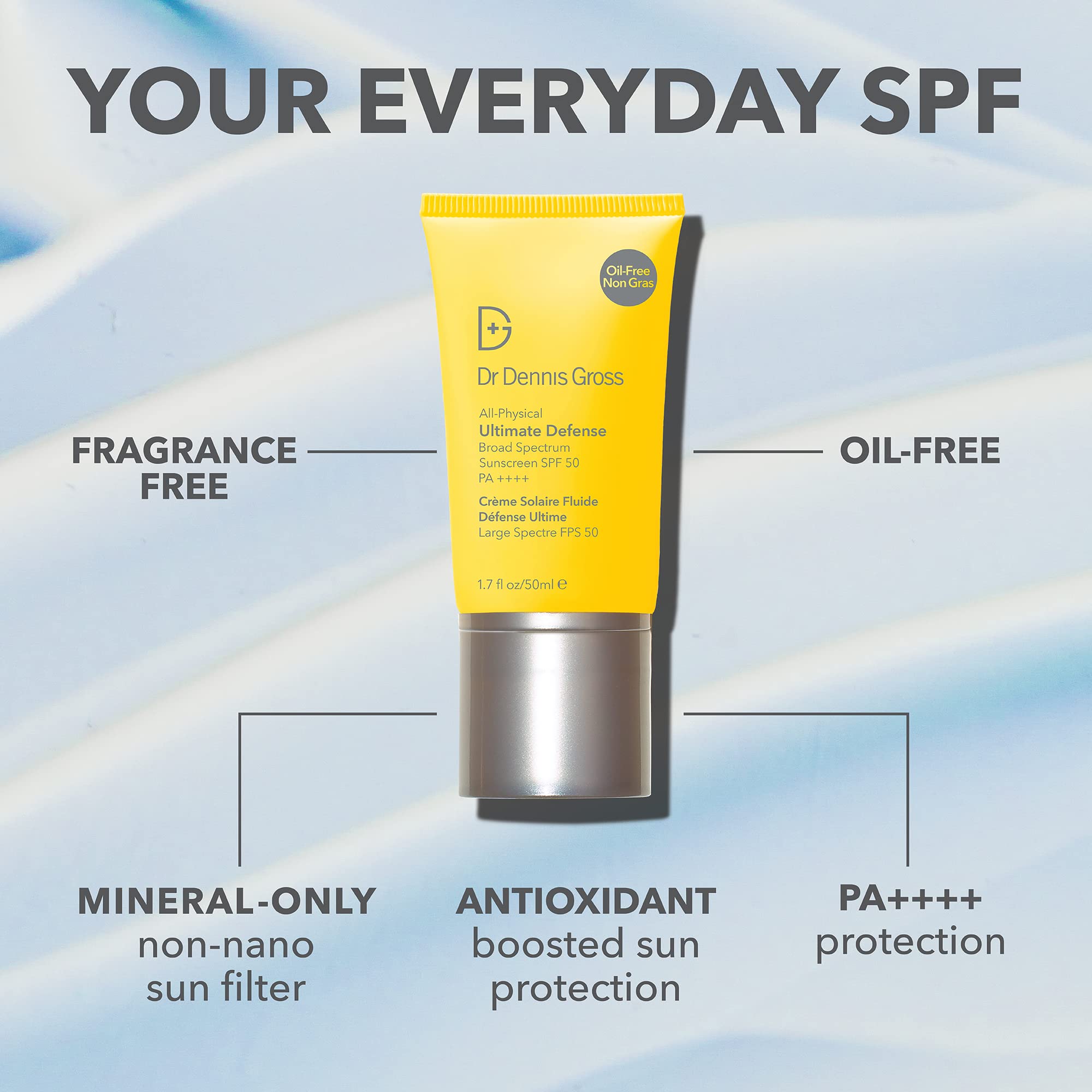 Dr Dennis Gross Ultimate Defense sunscreen bottle-back highlights ingredients and protection