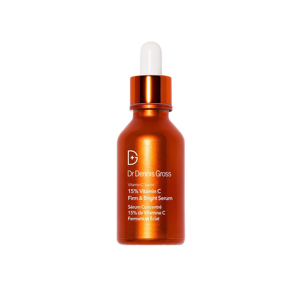 Dr Dennis Gross Vitamin C Lactic 15% serum bottle with dropper for brightening benefits.