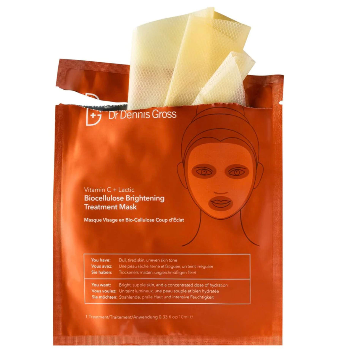 Dr Dennis Gross Vitamin C Lactic Biocellulose Brightening Mask application closeup for hydrated, radiant skin
