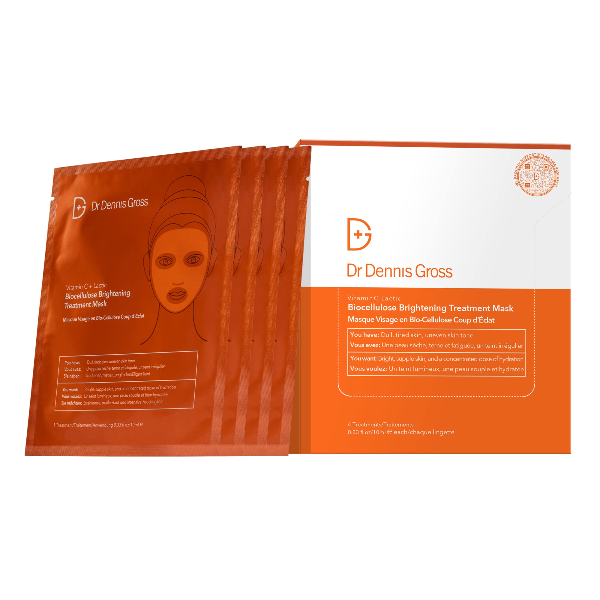 Dr Dennis Gross Vitamin C Lactic Biocellulose mask pack front boosts hydration and glow