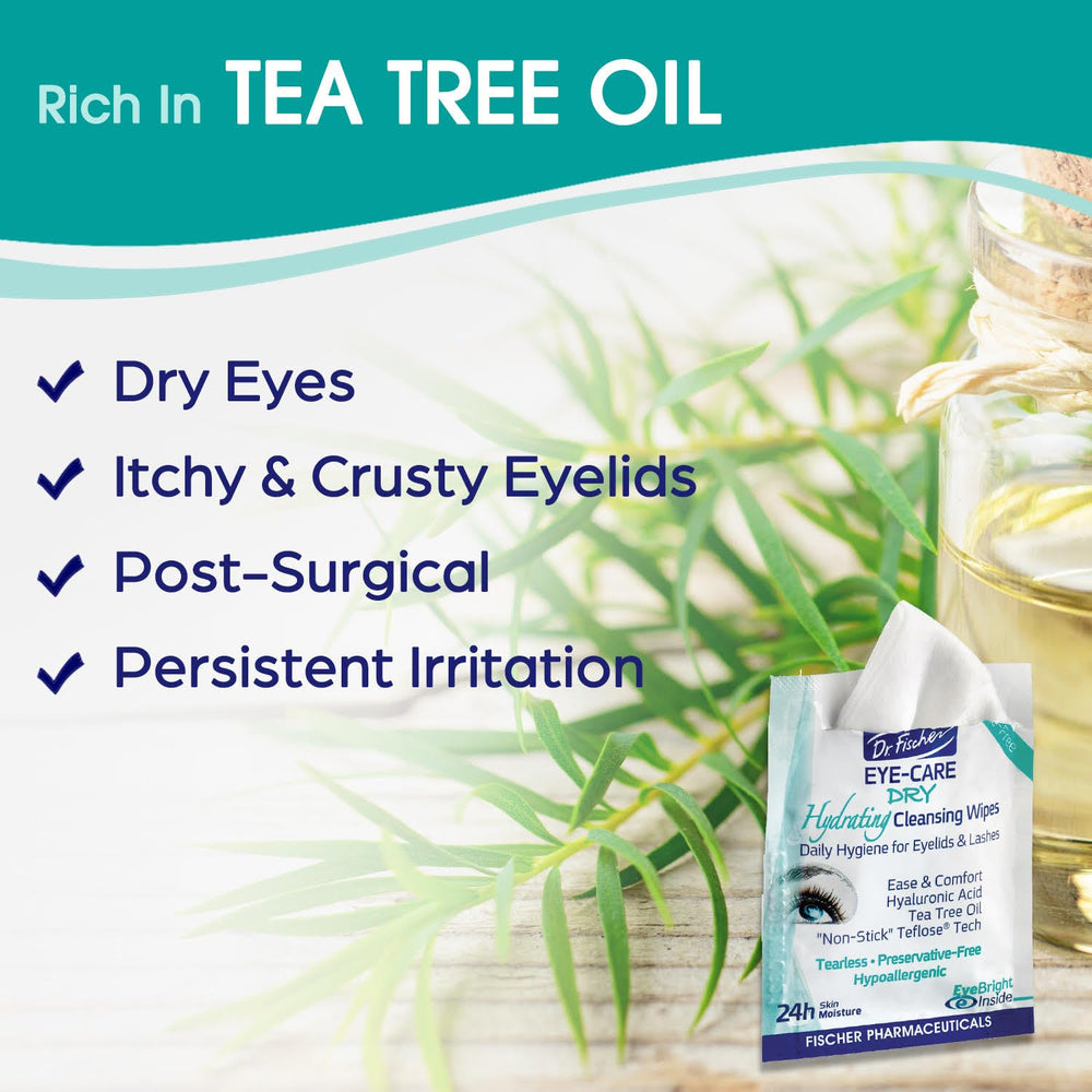 Dr. Fischer Tea Tree Eyelid Wipes on-the-go pouch shows portable daily care