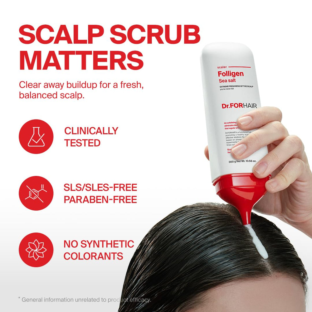Dr.FORHAIR Folligen Sea Salt Scaler being applied for refreshing scalp exfoliation.