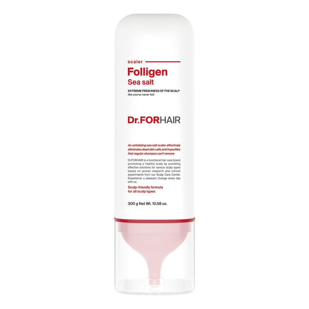 Dr.FORHAIR Folligen Sea Salt Scaler packaging promotes at-home scalp exfoliation.